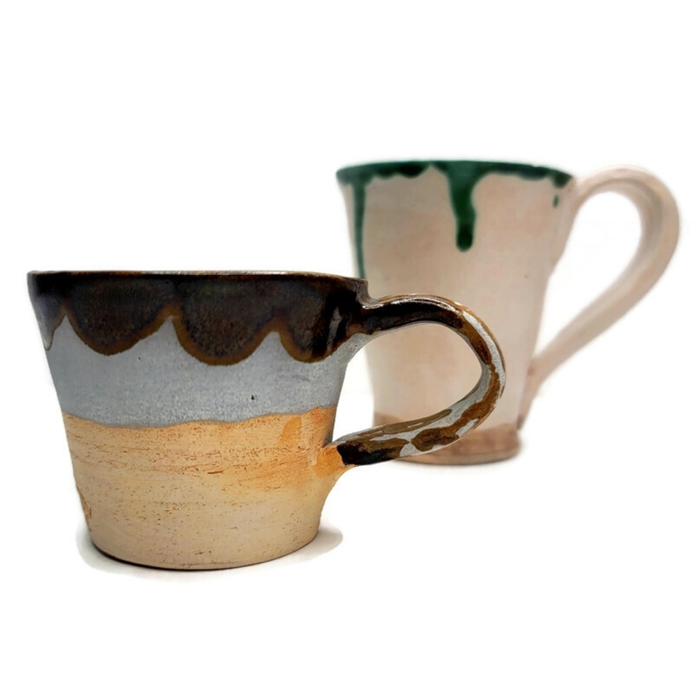 Set of 2 studio pottery dip mugs hot cocoa and slime.